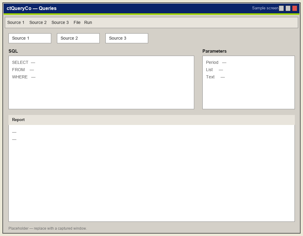 Sample ctQueryCo window: a query and a report.